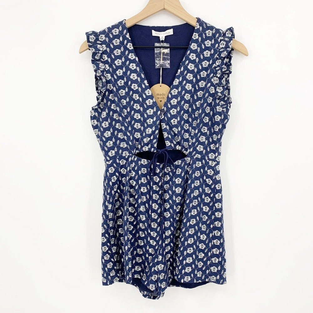 Honey Punch Romper Floral Embroidered Cutout Ruffle Navy Blue M Boho Summer Chic